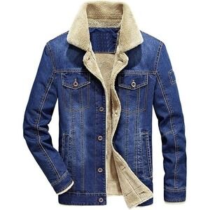 Men's Button Up Vintage Sherpa Fleece Lined Denim Biker Jacket Jean Coat -Medium